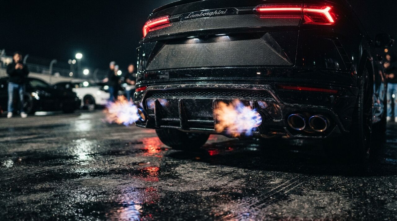 Traseira de um Lamborghini Urus escuro com chamas no escapamento, à noite
