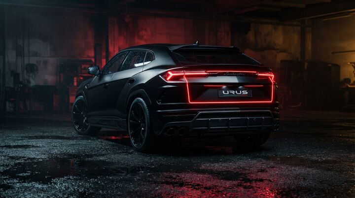 Lamborghini Urus preto com as lanternas vermelhas acesas no escuro